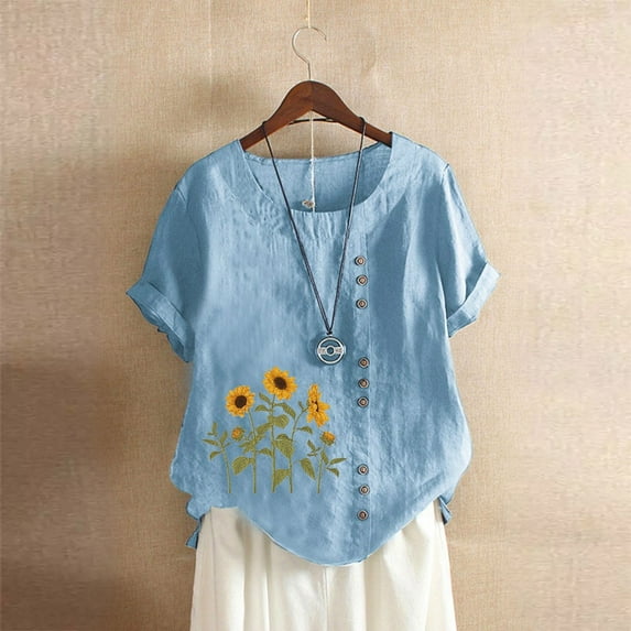 Women's Short Sleeve T-shirt Women'S Cotton And Linen Loose Fit Casual Sunflower Floral Print Short Sleeve Button Up Top,Blue Women's Short sleeve T-shirt 5XL