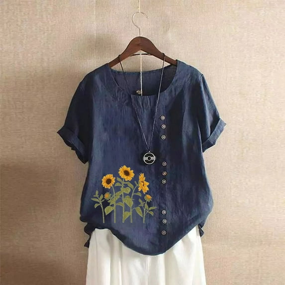 Women's Short Sleeve T-shirt Women'S Cotton And Linen Loose Fit Casual Sunflower Floral Print Short Sleeve Button Up Top,Blue Women's Short sleeve T-shirt L