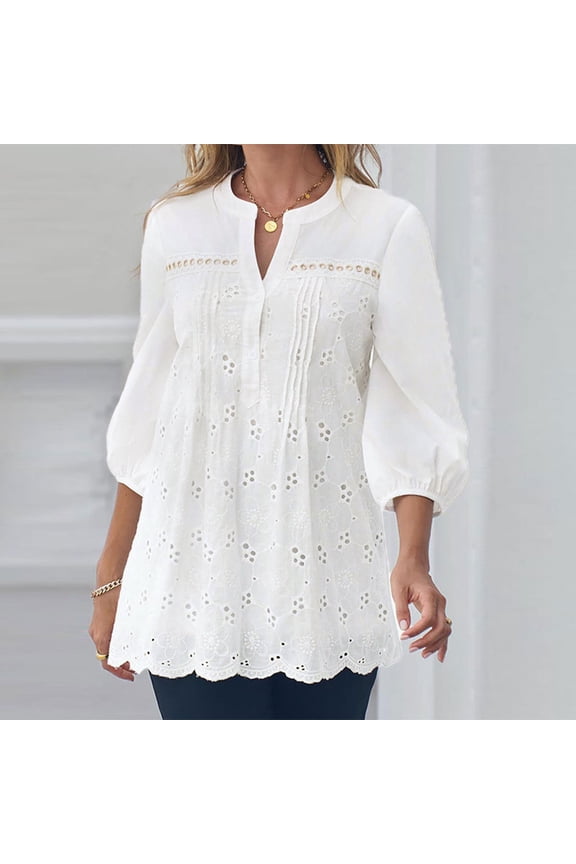 Women's Short Sleeve T-shirt Women'S Lace Crochet V Neck Half Sleeve Embroidery Button Down Blouses Casual Shirts Tops Tee,White Women's Short sleeve T-shirt M