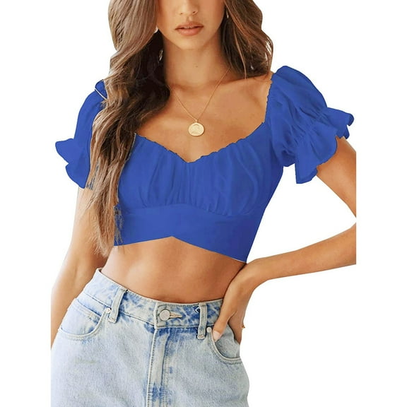 Women's Short Sleeve T-shirt Women'S Ruffle Short Sleeve Tie Up Back Crop Top Off Shoulder Blouse,Blue Women's Short sleeve T-shirt S