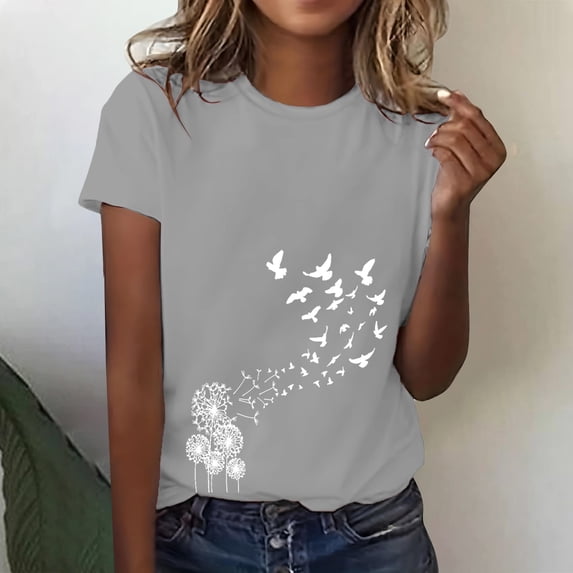 Women's Short Sleeve T-shirt Women'S Spring Round Neck Dandelion Printed Loose Casual Short Sleeved T Shirt,Gray Women's Short sleeve T-shirt S