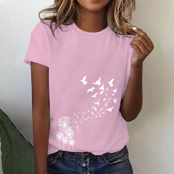 Women's Short Sleeve T-shirt Women'S Spring Round Neck Dandelion Printed Loose Casual Short Sleeved T Shirt,Pink Women's Short sleeve T-shirt S