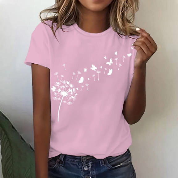 Women's Short Sleeve T-shirt Women'S Spring Round Neck Dandelion Printed Loose Casual Short Sleeved T Shirt,Pink Women's Short sleeve T-shirt S
