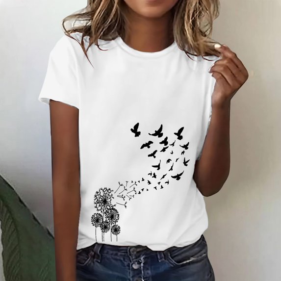Women's Short Sleeve T-shirt Women'S Spring Round Neck Dandelion Printed Loose Casual Short Sleeved T Shirt,White Women's Short sleeve T-shirt L