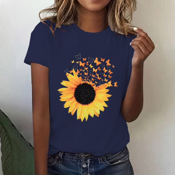 Women's Short Sleeve T-shirt Women'S Spring Round Neck Printed Loose Casual Short Sleeve T Shirt,Blue Women's Short sleeve T-shirt S