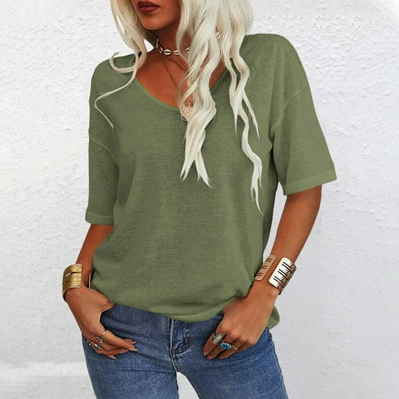 Women's Short Sleeve T-shirt Women'S T Shirt V Neck Half Sleeve Loose Shirt Casual Solid Color Basic Top,Green Women's Short sleeve T-shirt M