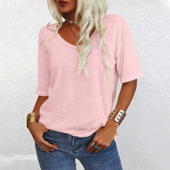 Women's Short Sleeve T-shirt Women'S T Shirt V Neck Half Sleeve Loose Shirt Casual Solid Color Basic Top,Pink Women's Short sleeve T-shirt S