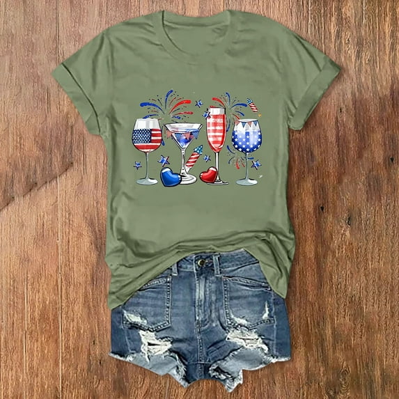 Women's Short Sleeve T-shirt Women'S Vintage Wash Patriotic Tee - Distressed Independence Day Graphic Casual Shirt,Green Women's Short sleeve T-shirt XL