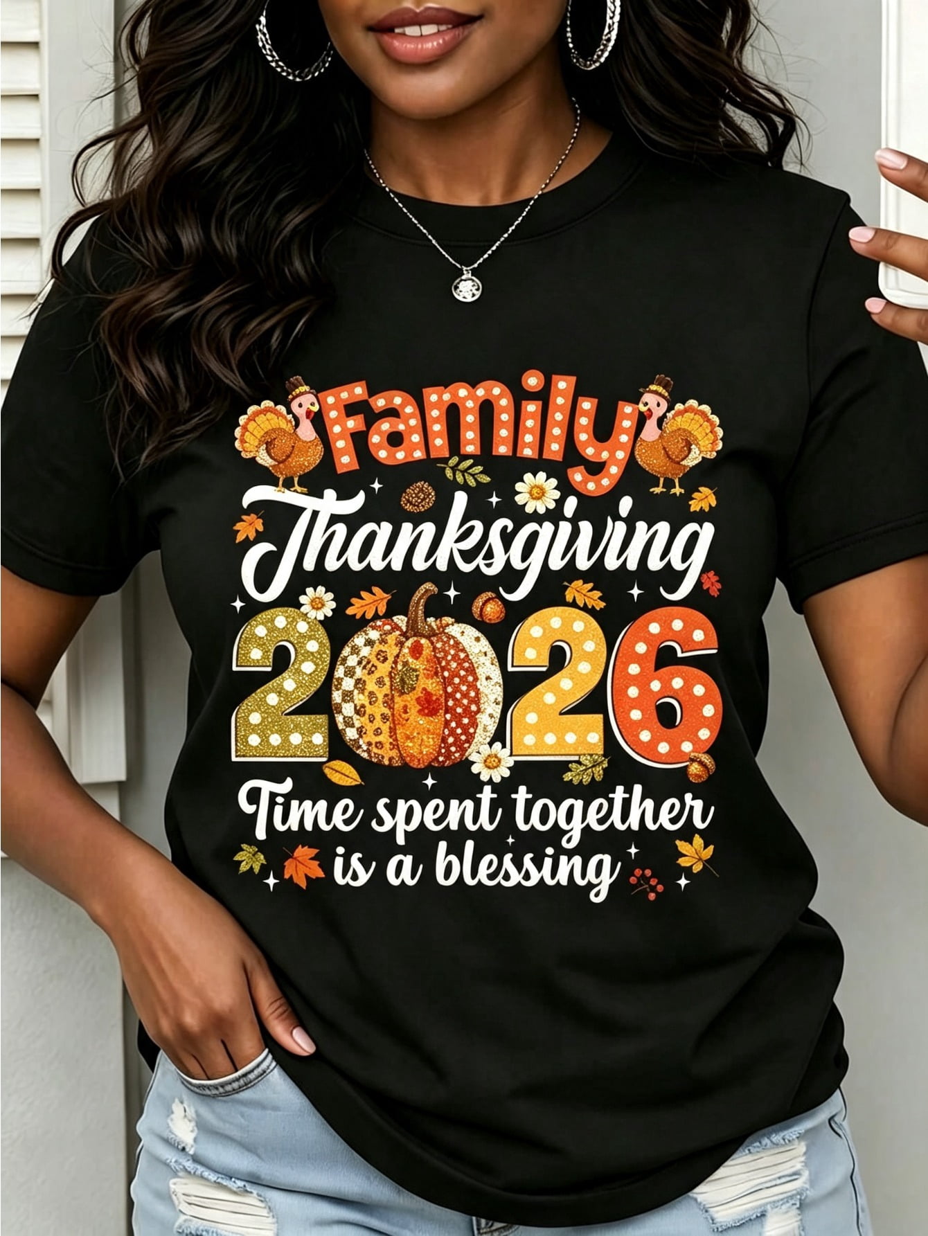Women's Short Sleeve Tee, Family Thanksgiving 2026 Turkey Pumpkin Fall ...