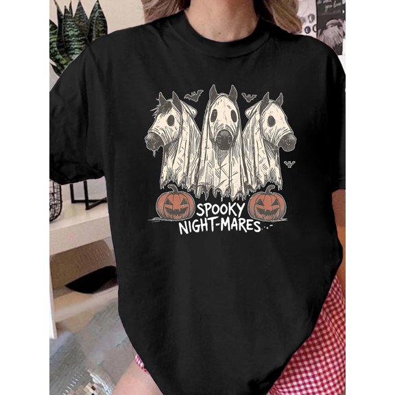 Women's Short Sleeve Tee, Spooky Nightmares Ghost Horse Pumpkin Bat Halloween Graphic
