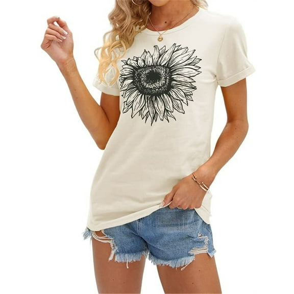 Women's Short Sleeve Tees Sunflower Print Loose Summer Tops T Shirts