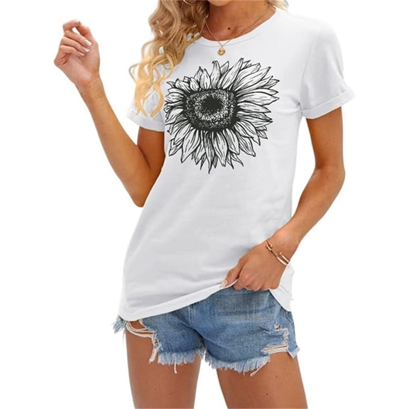 Women's Short Sleeve Tees Sunflower Print Loose Summer Tops T Shirts