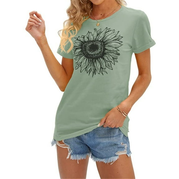 Women's Short Sleeve Tees Sunflower Print Loose Summer Tops T Shirts