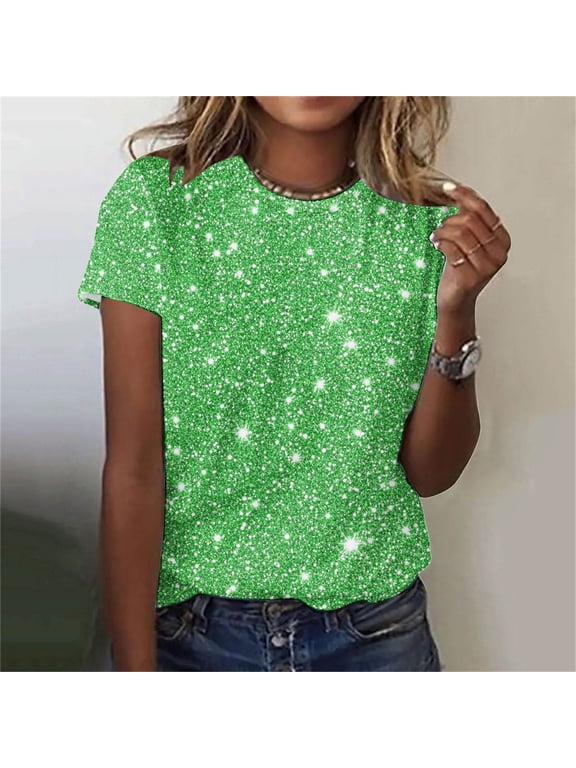 Womens Summer Shirts Sequin Tops Casual Crew Neck Short Sleeve Tees Blouses Basic Comfy T Shirts