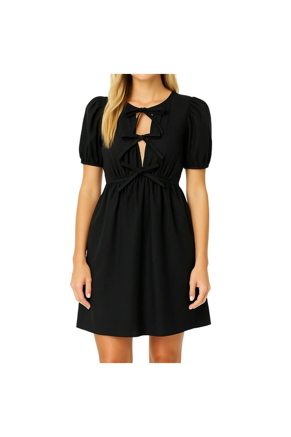 Women's Short Sleeve Tie Front Mini Dress Cute Babydoll Pleated Tunic Short Dresses