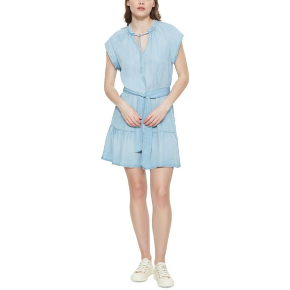 Women's Short-Sleeve Tie-Waist Mini Dress Light Blue Wash XS