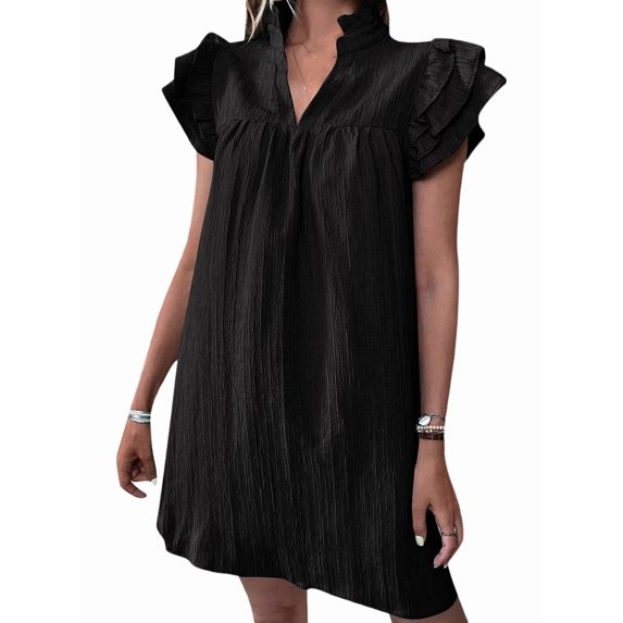 Women's Short Sleeve Tiered Mini Neck Sun Sundress Dress for Casual Beach Black XXL