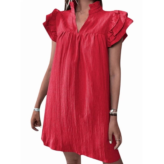 Women's Short Sleeve Tiered Mini Neck Sun Sundress Dress for Casual Beach Red S