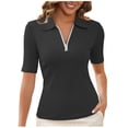 thumbnail image 1 of Women's Short Sleeve Top 2025 Summer Elegant V Neck Half Zipper Collared Work Shirts Slim Fitted Dressy Blouses, 1 of 6