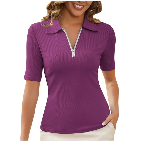 Women's Short Sleeve Top 2025 Summer Elegant V Neck Half Zipper Collared Work Shirts Slim Fitted Dressy Blouses