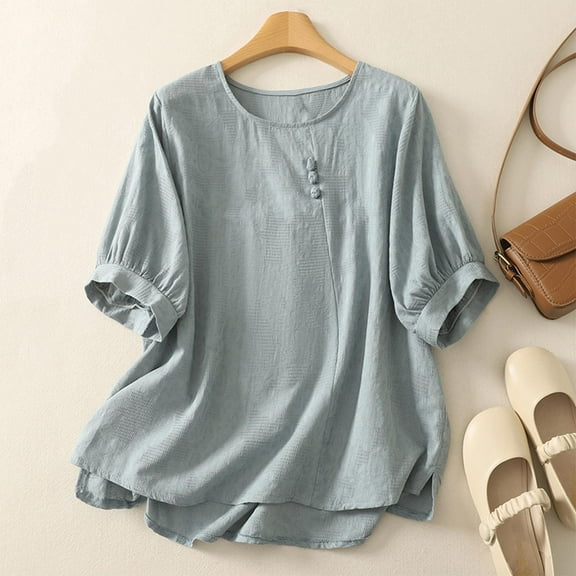 Women's Short Sleeve Top, Embroidered Blouse with Linen Feel, Casual Round Neck Shirt for Summer and Daily Wear