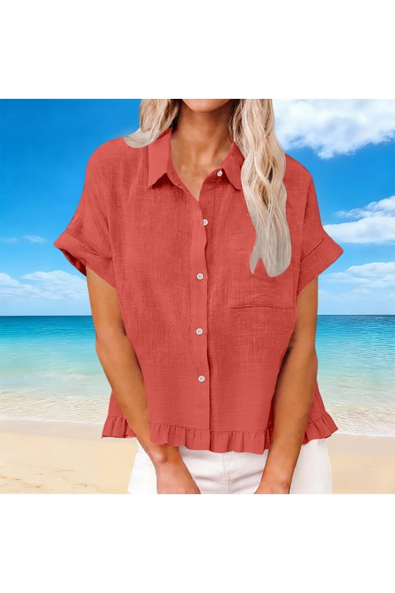 Women's Short Sleeve Top, Solid Color Front Pocket Hem Fringe Flared Collar Blouse with Breathable Fabric, Casual Shirt for Spring Summer Daily Wear, 2026 Limited-time Offer