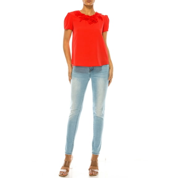 Women's Short Sleeve Top with Puff Sleeves Lace Accent Round Neck