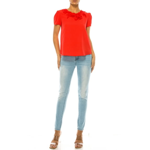 Women's Short Sleeve Top with Puff Sleeves Lace Accent Round Neck