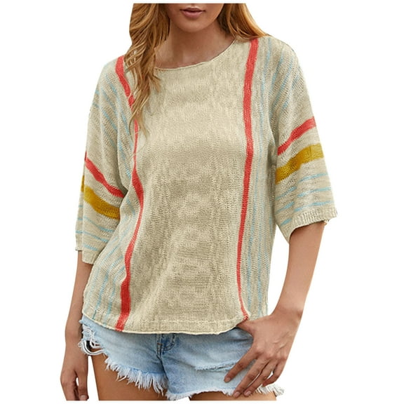 Women's Short Sleeve Tops Acrylic Knit Stripes Color Block Loose Fit Crew Neck Drop Shoulder Pullover Tee Blouse (L, Beige)