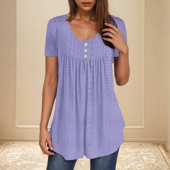 Women's Short Sleeve Tops, Casual Fashion Women's Casual Solid Color Fold Hollowed Out Round-neck Button Sleeve T-shirt for Summer Beach Vacation, Size S-2XL