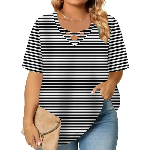 Women's Short Sleeve Tops, Casual Women's Fashion Summer Printed Plus Size Short Sleeve V-Neck Blouses for Summer Beach Vacation, Size XL-5XL