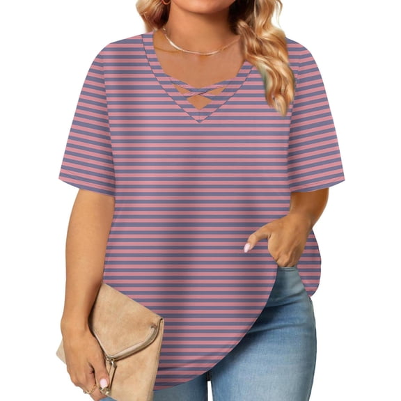 Women's Short Sleeve Tops, Casual Women's Fashion Summer Printed Plus Size Short Sleeve V-Neck Blouses for Summer Beach Vacation, Size XL-5XL
