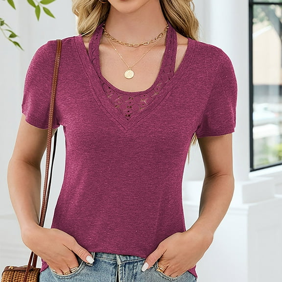 Women's Short Sleeve Tops, Casual Women's Summer And Fall Short Sleeved Round Neck Casual Patchwork Lace Top for Summer Beach Vacation, Size S-2XL