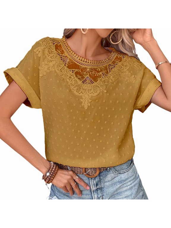 Women's Short Sleeve Tops Crewneck Shirts Chiffon Blouses Flowy Lace Boho Blouse Shirt Top for Summer Casual Ginger Yellow XXL