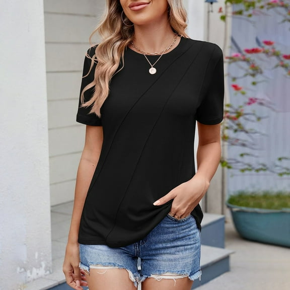 Women's Short Sleeve Tops Pleated Crewneck Loose Fit T Shirt Business Casual Dressy Work Shirts 2025 Summer Blouses T Shirts Long Sleeve Women Neck Shirts for Women Shirt for Juniors Shirts Women