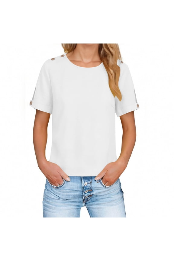 Women's Short Sleeve Tops Relaxed Fit Comfortable & Breathable with Button Cuff Detail for Casual Daily Wear in White