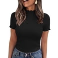 thumbnail image 1 of Women's Short Sleeve Tops Ribbed Lettuce Trim Shirts Work Blouses For Women Business Casual Outfits Slim Fit Crew Neck Casual Summer Basic Tees Going Out Tops For Women, 1 of 9