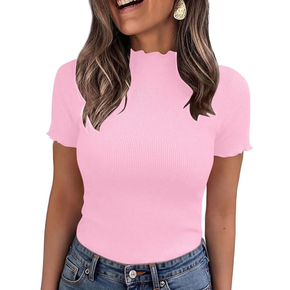Women's Short Sleeve Tops Ribbed Lettuce Trim Shirts Work Blouses For Women Business Casual Outfits Slim Fit Crew Neck Casual Summer Basic Tees Going Out Tops For Women