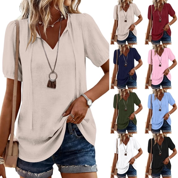 Women's Short Sleeve Tops Summer V Neck Tshirts Linen Vintage Casual Tees, Pink XL