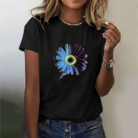 Women's Short Sleeve Tops Under $10 Print Free Shipping Lightweight Crew Neck Tees Casual Blouses Comfy Fit