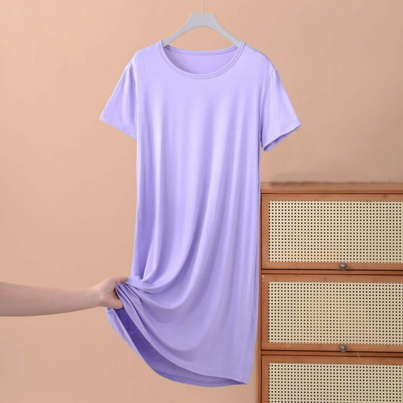 Women's Short Sleeve Tshirt Nightgown Summer Solid Color Casual Loose Sleepdress Lightweight Soft Breathable Sleepwear Purple XL