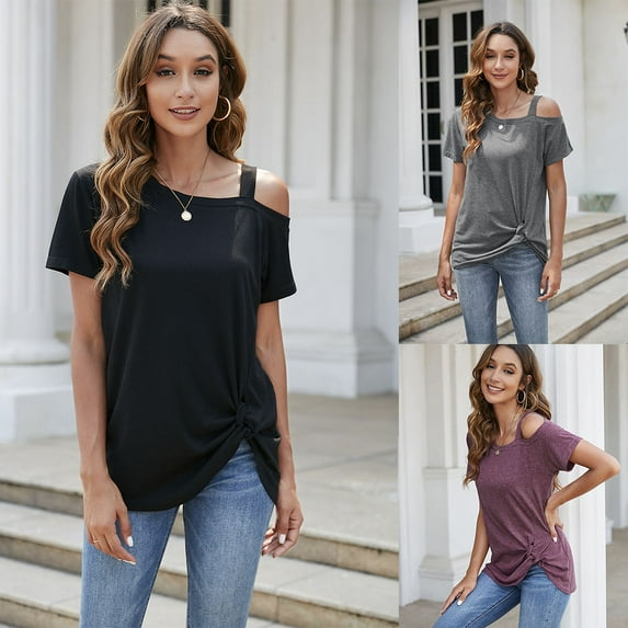 Women's Short Sleeve Tunic Tops Casual Cold Shoulder Blouse Shirts