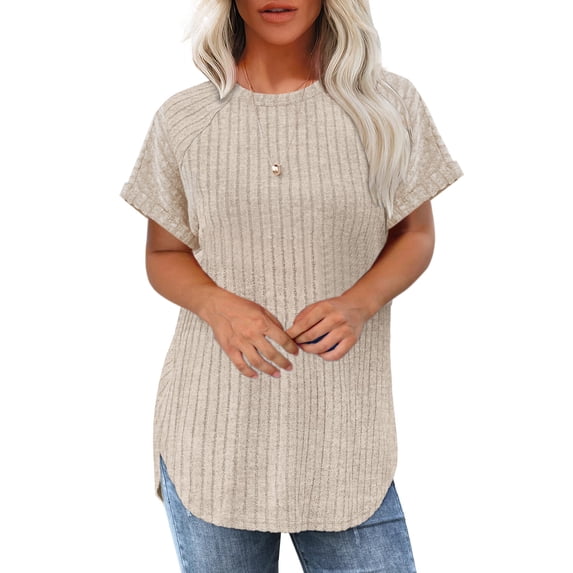 Women's Short Sleeve Tunic Tops Loose Fit Crewneck Pullover Sweaters Curved Hem Side Split Solid Blouses