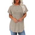 thumbnail image 1 of Women's Short Sleeve Tunic Tops Loose Fit Crewneck Pullover Sweaters Curved Hem Side Split Solid Blouses, 1 of 2