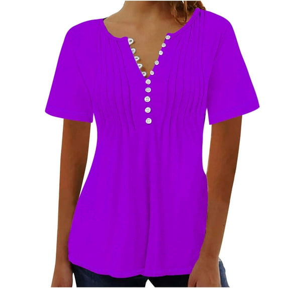 Women's Short Sleeve Tunic Tops Loose Fit Flowy Y2K Tops Dressy Casual Henley Neck Flowy Shirts Vintage Summer Clothes for Teen Girls 1/4 Button up Blouse Fashion 2024 Solid Color Purple T Shirts M