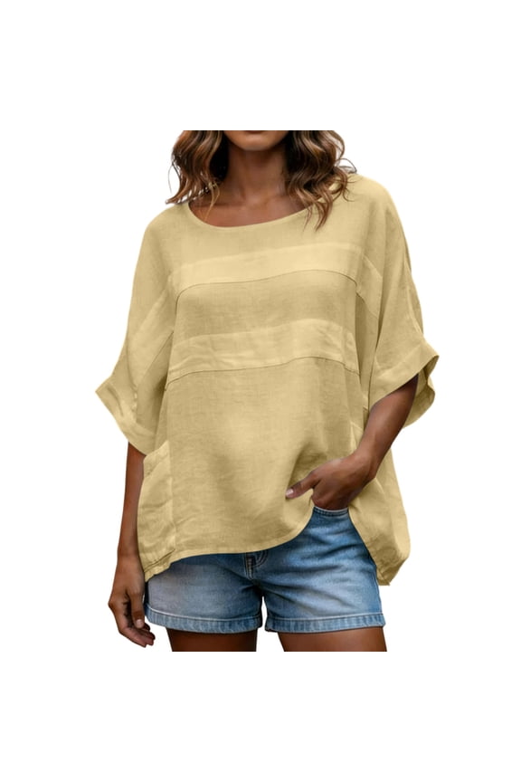 Women's Short Sleeve Tunic Tops Oversized Dolman Summer Blouse: Flowy Faux Layered Lightweight Wrinkle Free Solid Pullover Shirt with High-Low Hem and Front Pockets