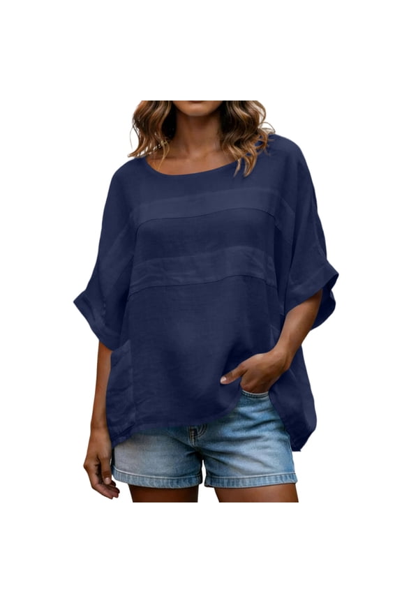 Women's Short Sleeve Tunic Tops Oversized Dolman Summer Blouse: Flowy Faux Layered Lightweight Wrinkle Free Solid Pullover Shirt with High-Low Hem and Front Pockets
