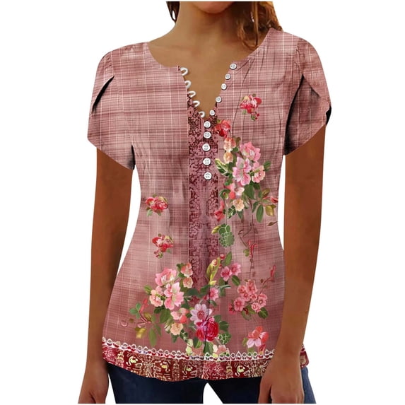 ZQUUVOU Women's Short Sleeve Tunic Tops Summer Fold Printed V Neck Button Top F-Multicolor