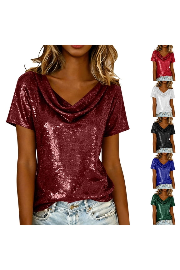 Women's Short Sleeve Turtleneck Top Sparkly Solid Color Spliced Pullover Blouse Casual Daily Wear Work Office Vacation Fashion Essential Gift for Women | Aestivo,Black L