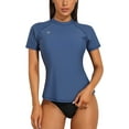 thumbnail image 1 of Women's Short Sleeve UPF 50+ Swimwear Rash Guard Solid Banded Crewneck Surfing Bath Tops, 1 of 7